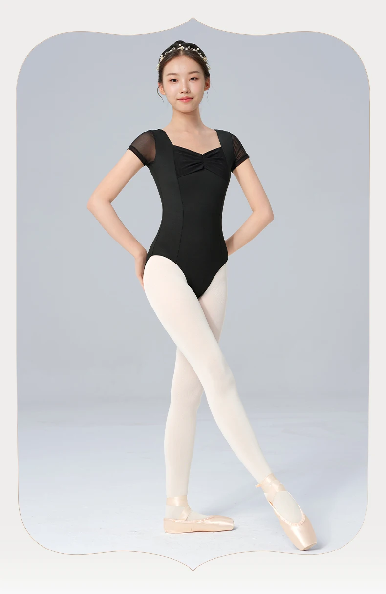 Black Ballet Leotard for Women Short Sleeve Dance Bodysuit Soft Mesh Splicing Gymnastic Outfits Breathable Ballerina Wear
