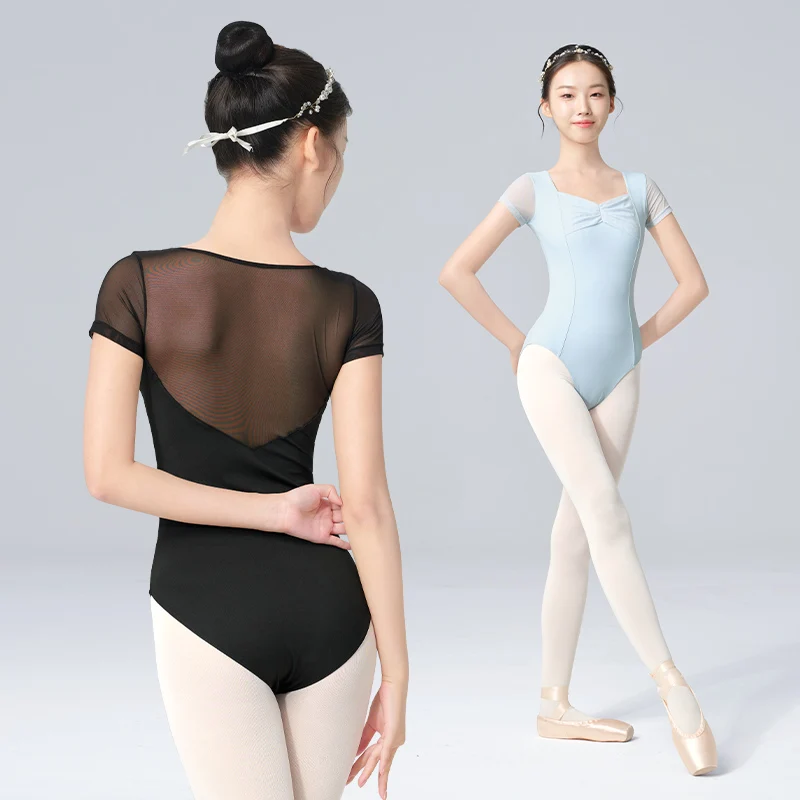 Black Ballet Leotard for Women Short Sleeve Dance Bodysuit Soft Mesh Splicing Gymnastic Outfits Breathable Ballerina Wear