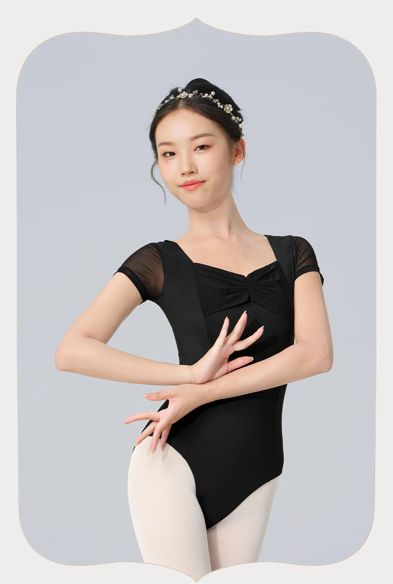 Black Ballet Leotard for Women Short Sleeve Dance Bodysuit Soft Mesh Splicing Gymnastic Outfits Breathable Ballerina Wear