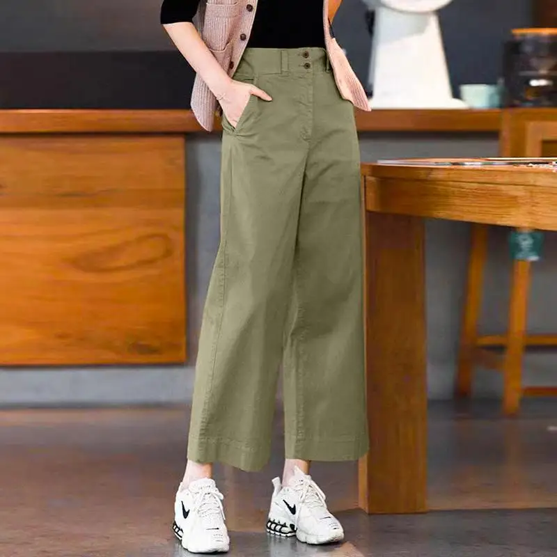 ZANZEA Korean Office Straight Long Pants Women Summer Solid Double Buckle Mid-rise Pantalon 2024 Vintage Loose Wide Leg Trousers