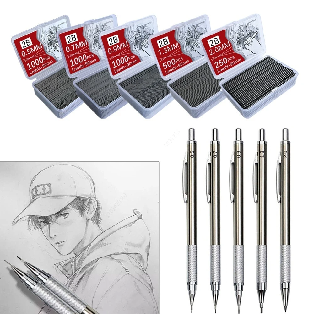 1000/250 Pieces Lead Refills,0.5/0.7/0.9/1.3/2.0 mm HB,Break Resistant Mechanical Pencil Refills Office School Supplies