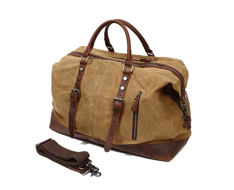 WaterProof Waxed Canvas Leather Men Travel Bag Hand Luggage Bag Carry On Large Tote Vintage Men Duffle Weekend Bag Big Overnight