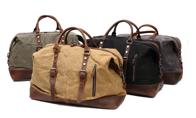WaterProof Waxed Canvas Leather Men Travel Bag Hand Luggage Bag Carry On Large Tote Vintage Men Duffle Weekend Bag Big Overnight