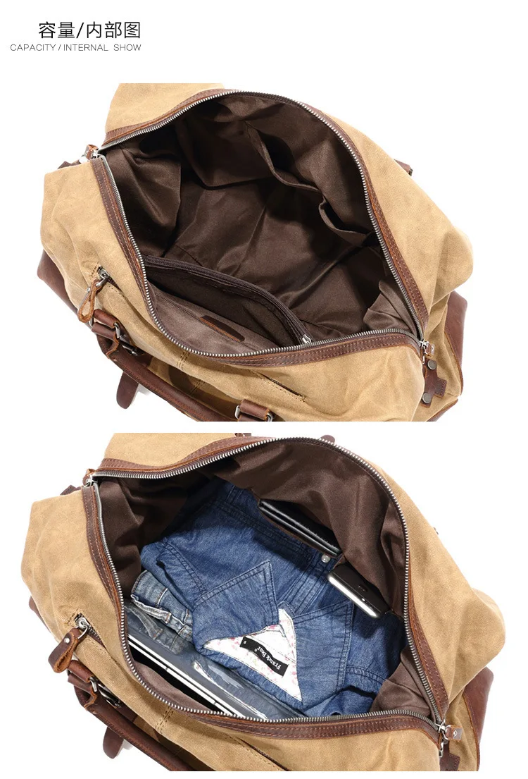 WaterProof Waxed Canvas Leather Men Travel Bag Hand Luggage Bag Carry On Large Tote Vintage Men Duffle Weekend Bag Big Overnight