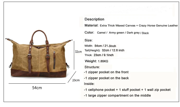 WaterProof Waxed Canvas Leather Men Travel Bag Hand Luggage Bag Carry On Large Tote Vintage Men Duffle Weekend Bag Big Overnight