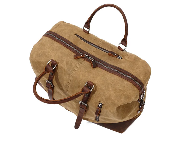 WaterProof Waxed Canvas Leather Men Travel Bag Hand Luggage Bag Carry On Large Tote Vintage Men Duffle Weekend Bag Big Overnight