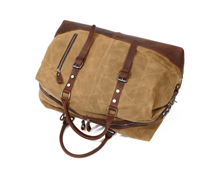 WaterProof Waxed Canvas Leather Men Travel Bag Hand Luggage Bag Carry On Large Tote Vintage Men Duffle Weekend Bag Big Overnight