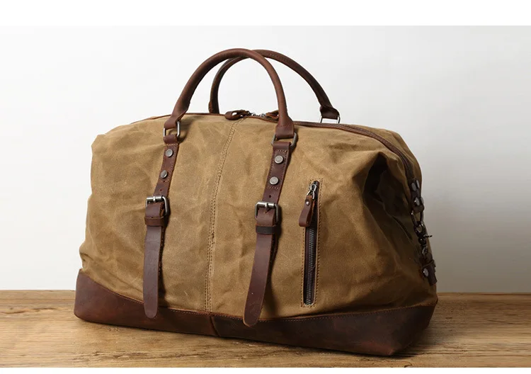 WaterProof Waxed Canvas Leather Men Travel Bag Hand Luggage Bag Carry On Large Tote Vintage Men Duffle Weekend Bag Big Overnight