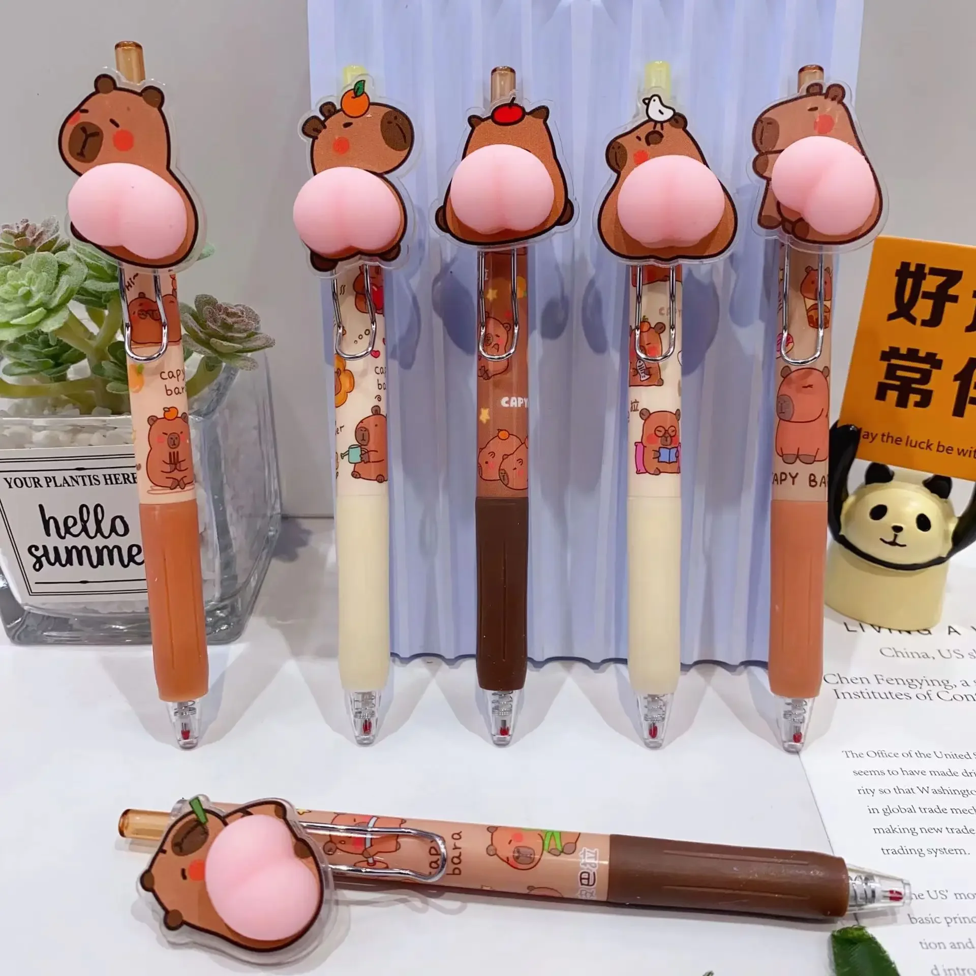 6Pcs/Set Kawaii Capybara Cartoon Butt Mechanical Gel Pens 0.5mm Cute Ballpoint Pen Korean Stationery Press Pens Kids Toys Gift
