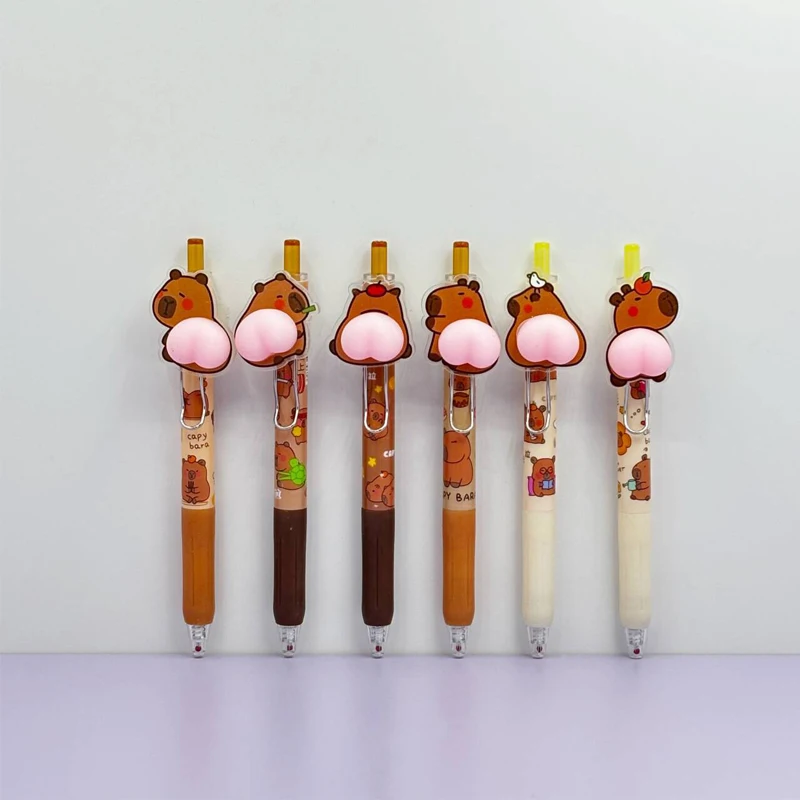 6Pcs/Set Kawaii Capybara Cartoon Butt Mechanical Gel Pens 0.5mm Cute Ballpoint Pen Korean Stationery Press Pens Kids Toys Gift