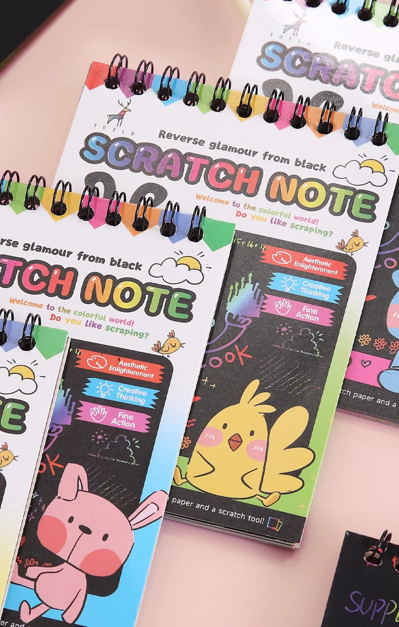 1 Set Rainbow Scratch Paper Art Book DIY Art Paper Card Neon Scratch Book with Wood Stick for Children to Learn Painting