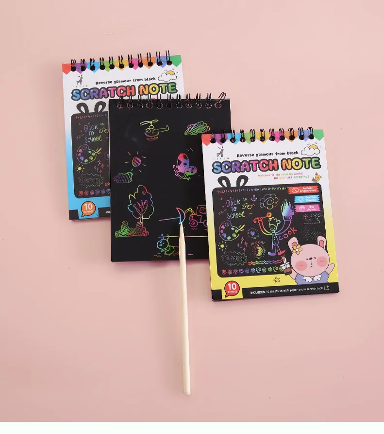 1 Set Rainbow Scratch Paper Art Book DIY Art Paper Card Neon Scratch Book with Wood Stick for Children to Learn Painting