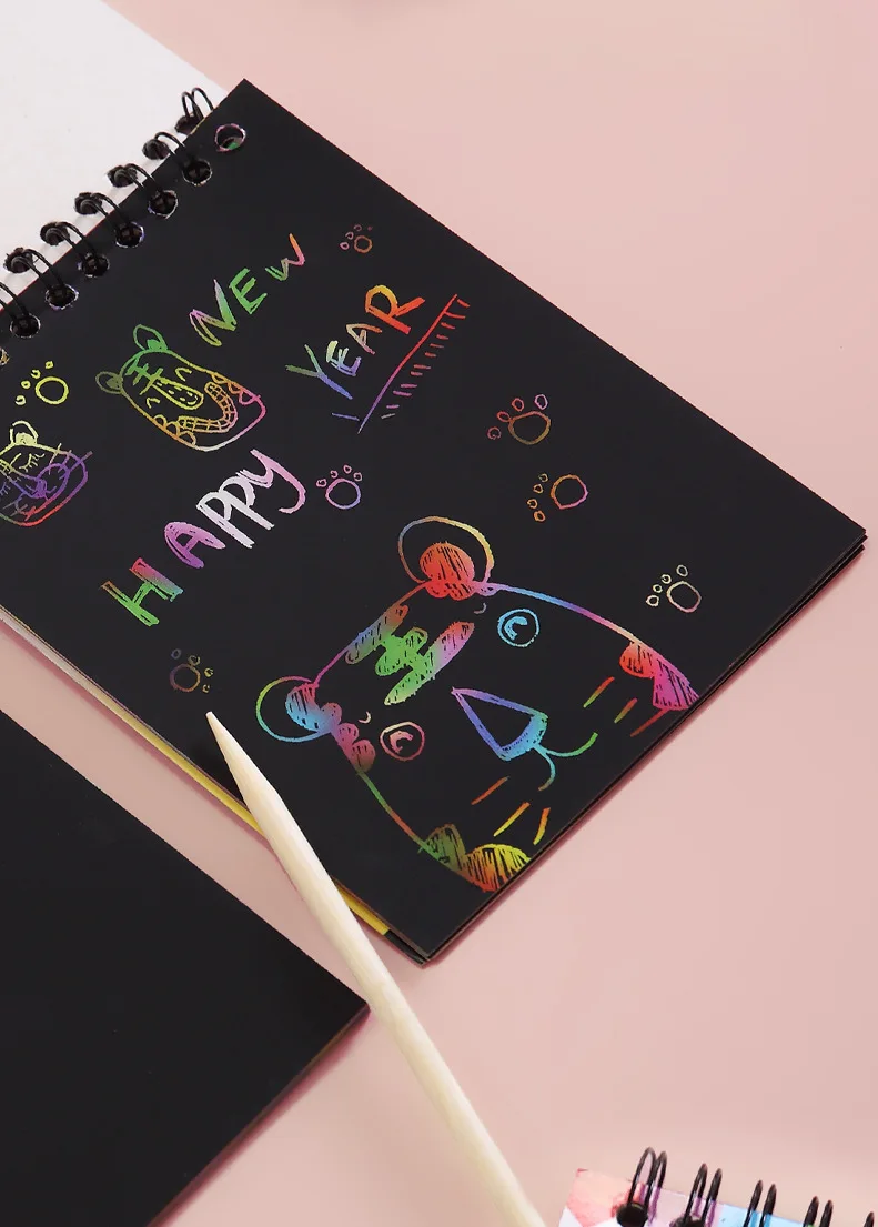 1 Set Rainbow Scratch Paper Art Book DIY Art Paper Card Neon Scratch Book with Wood Stick for Children to Learn Painting