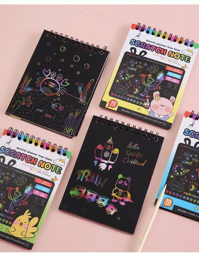 1 Set Rainbow Scratch Paper Art Book DIY Art Paper Card Neon Scratch Book with Wood Stick for Children to Learn Painting