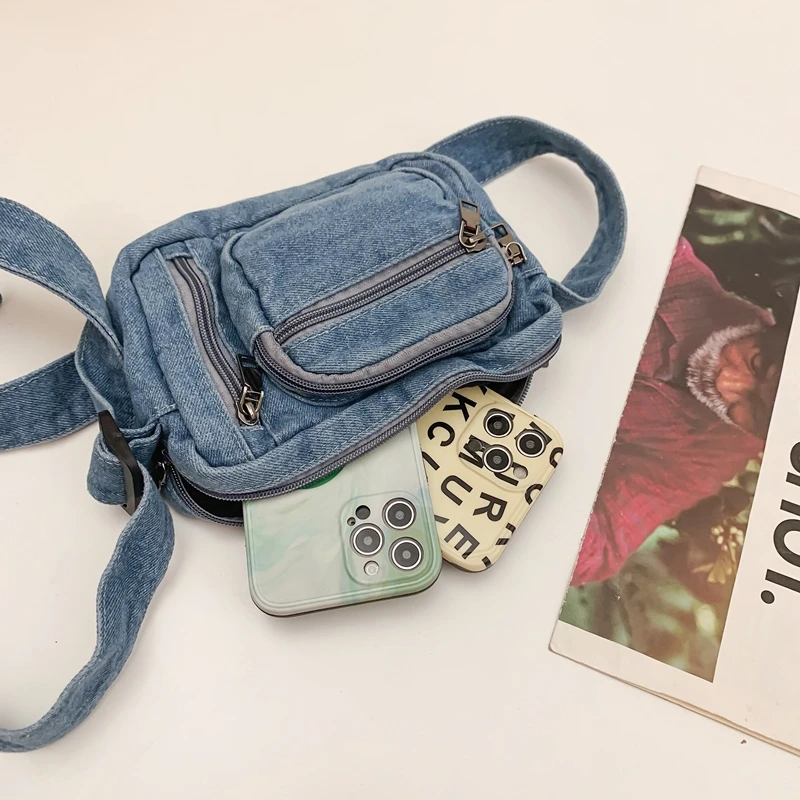 Classic Denim Multi Pocket Casual Small Shoulder Bag With Adjustable Shoulder Straps Zero Wallet Solid Color Fun Crossbody Bag