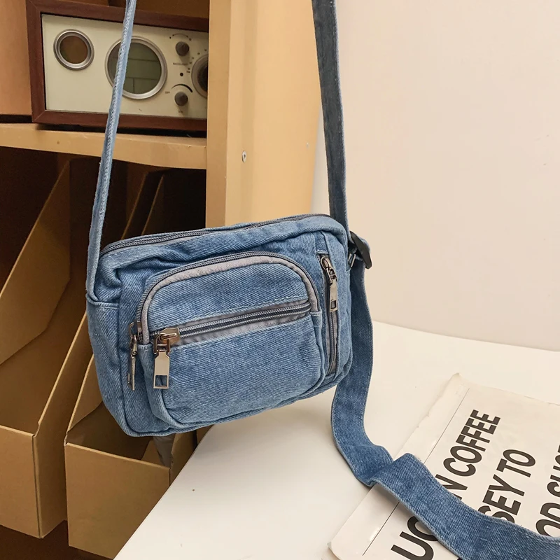 Classic Denim Multi Pocket Casual Small Shoulder Bag With Adjustable Shoulder Straps Zero Wallet Solid Color Fun Crossbody Bag