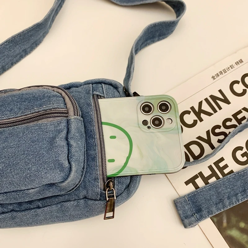 Classic Denim Multi Pocket Casual Small Shoulder Bag With Adjustable Shoulder Straps Zero Wallet Solid Color Fun Crossbody Bag