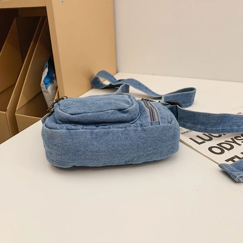 Classic Denim Multi Pocket Casual Small Shoulder Bag With Adjustable Shoulder Straps Zero Wallet Solid Color Fun Crossbody Bag