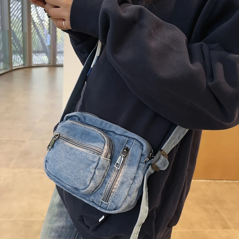 Classic Denim Multi Pocket Casual Small Shoulder Bag With Adjustable Shoulder Straps Zero Wallet Solid Color Fun Crossbody Bag