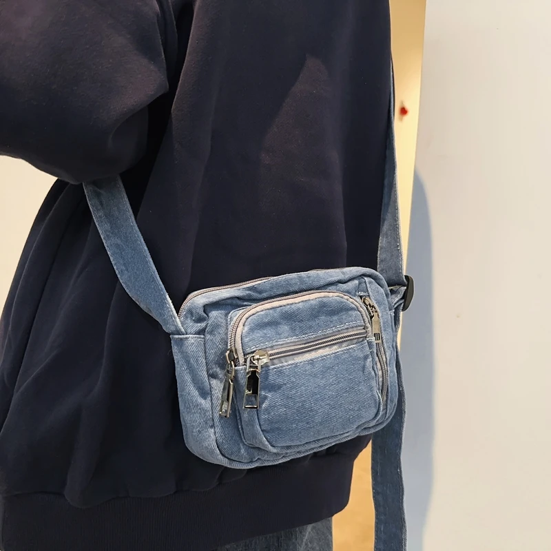 Classic Denim Multi Pocket Casual Small Shoulder Bag With Adjustable Shoulder Straps Zero Wallet Solid Color Fun Crossbody Bag