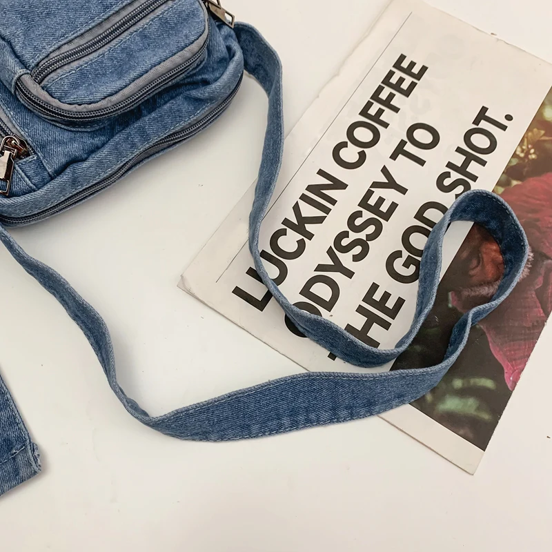 Classic Denim Multi Pocket Casual Small Shoulder Bag With Adjustable Shoulder Straps Zero Wallet Solid Color Fun Crossbody Bag