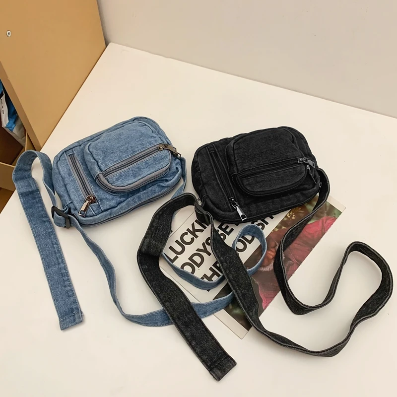 Classic Denim Multi Pocket Casual Small Shoulder Bag With Adjustable Shoulder Straps Zero Wallet Solid Color Fun Crossbody Bag