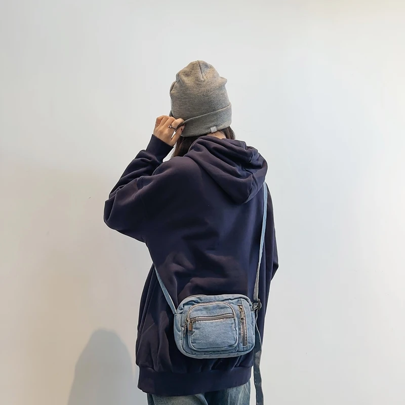 Classic Denim Multi Pocket Casual Small Shoulder Bag With Adjustable Shoulder Straps Zero Wallet Solid Color Fun Crossbody Bag