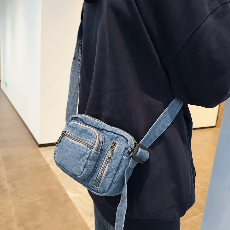 Classic Denim Multi Pocket Casual Small Shoulder Bag With Adjustable Shoulder Straps Zero Wallet Solid Color Fun Crossbody Bag