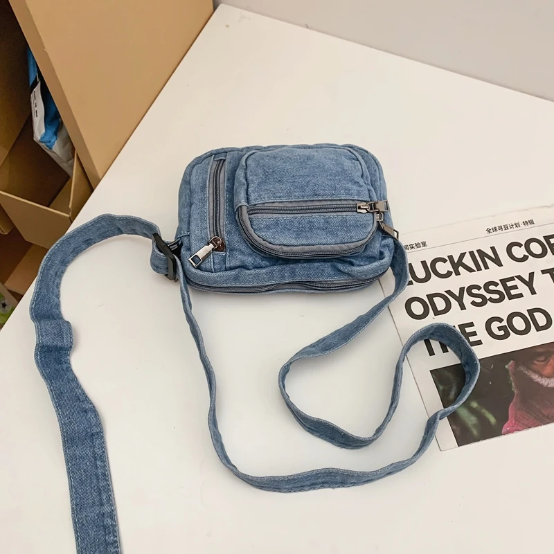 Classic Denim Multi Pocket Casual Small Shoulder Bag With Adjustable Shoulder Straps Zero Wallet Solid Color Fun Crossbody Bag