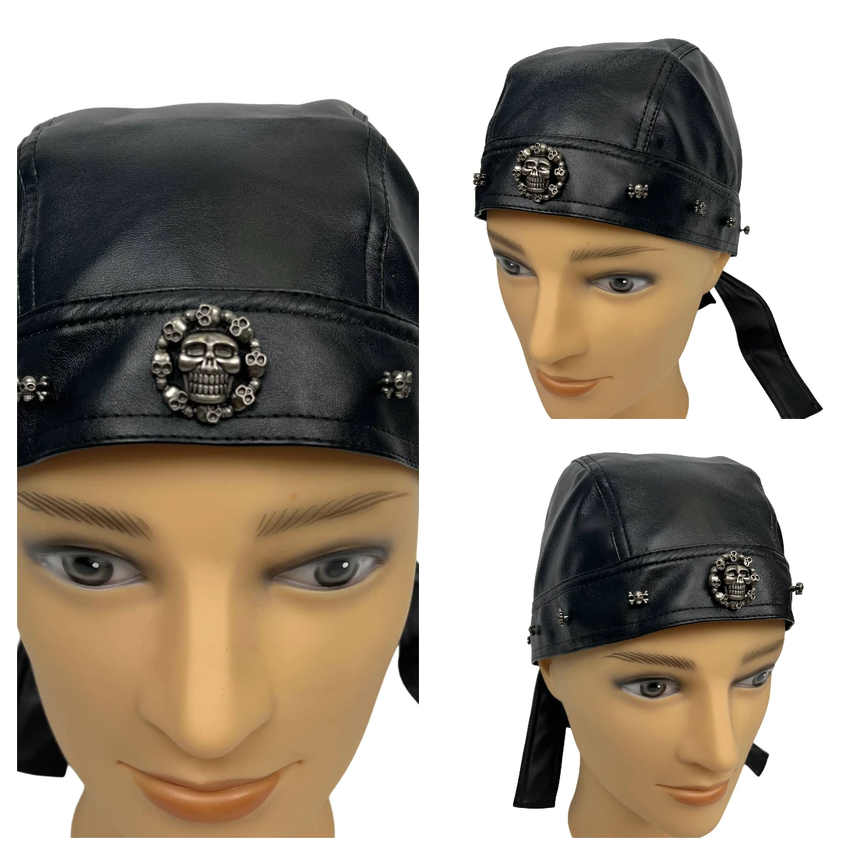 Black Leather Skull Bandana Motorcycle Helmet – Edgy Halloween Gift for Urban Biker Cosplay
