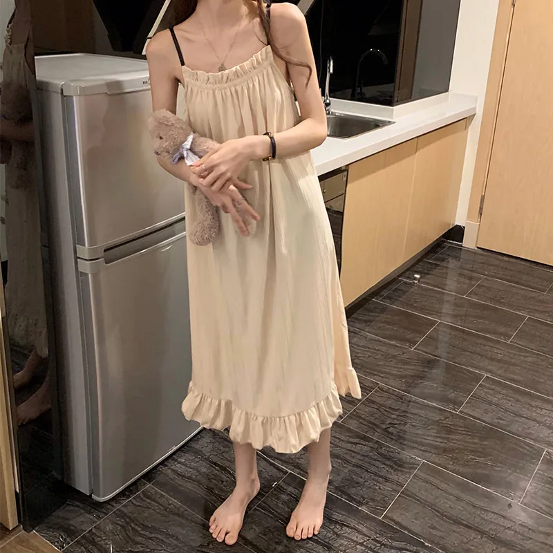 Girl Korean Chic Healing Princess Style Ruffled Simple Sweet Pajamas Women Summer Autumn Sling Mid-Length Nightgown Homewear