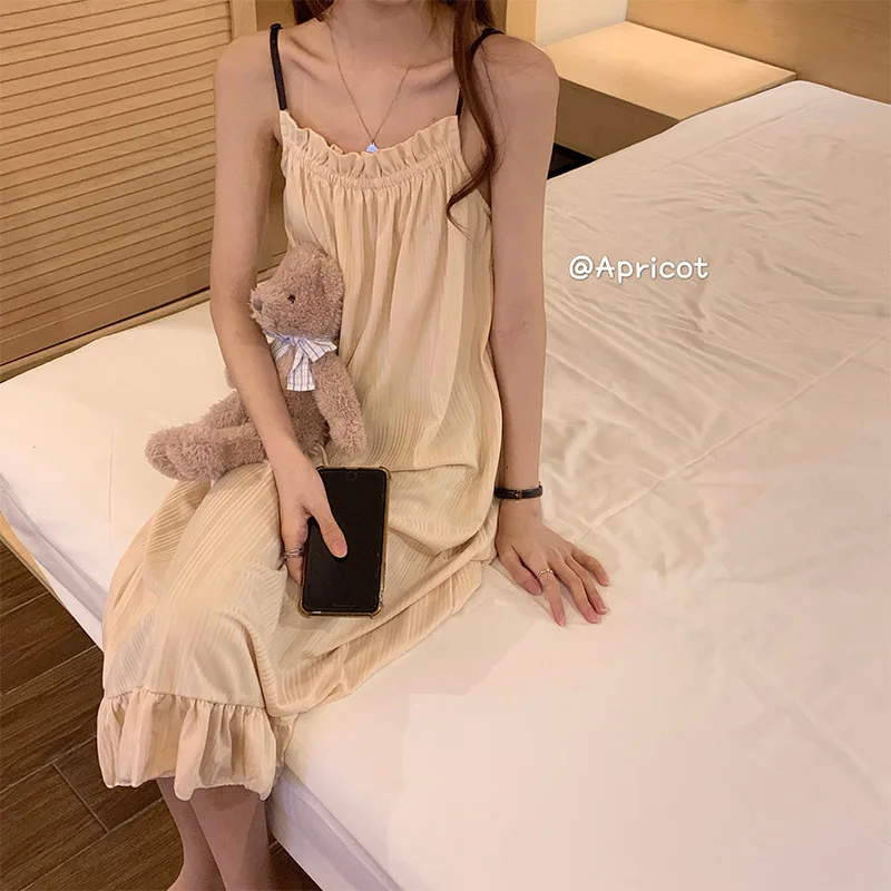 Girl Korean Chic Healing Princess Style Ruffled Simple Sweet Pajamas Women Summer Autumn Sling Mid-Length Nightgown Homewear