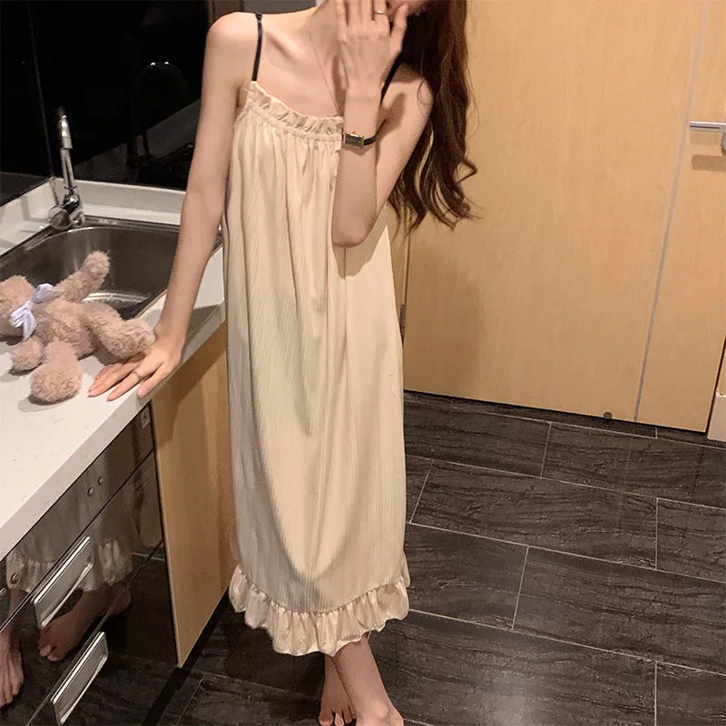 Girl Korean Chic Healing Princess Style Ruffled Simple Sweet Pajamas Women Summer Autumn Sling Mid-Length Nightgown Homewear