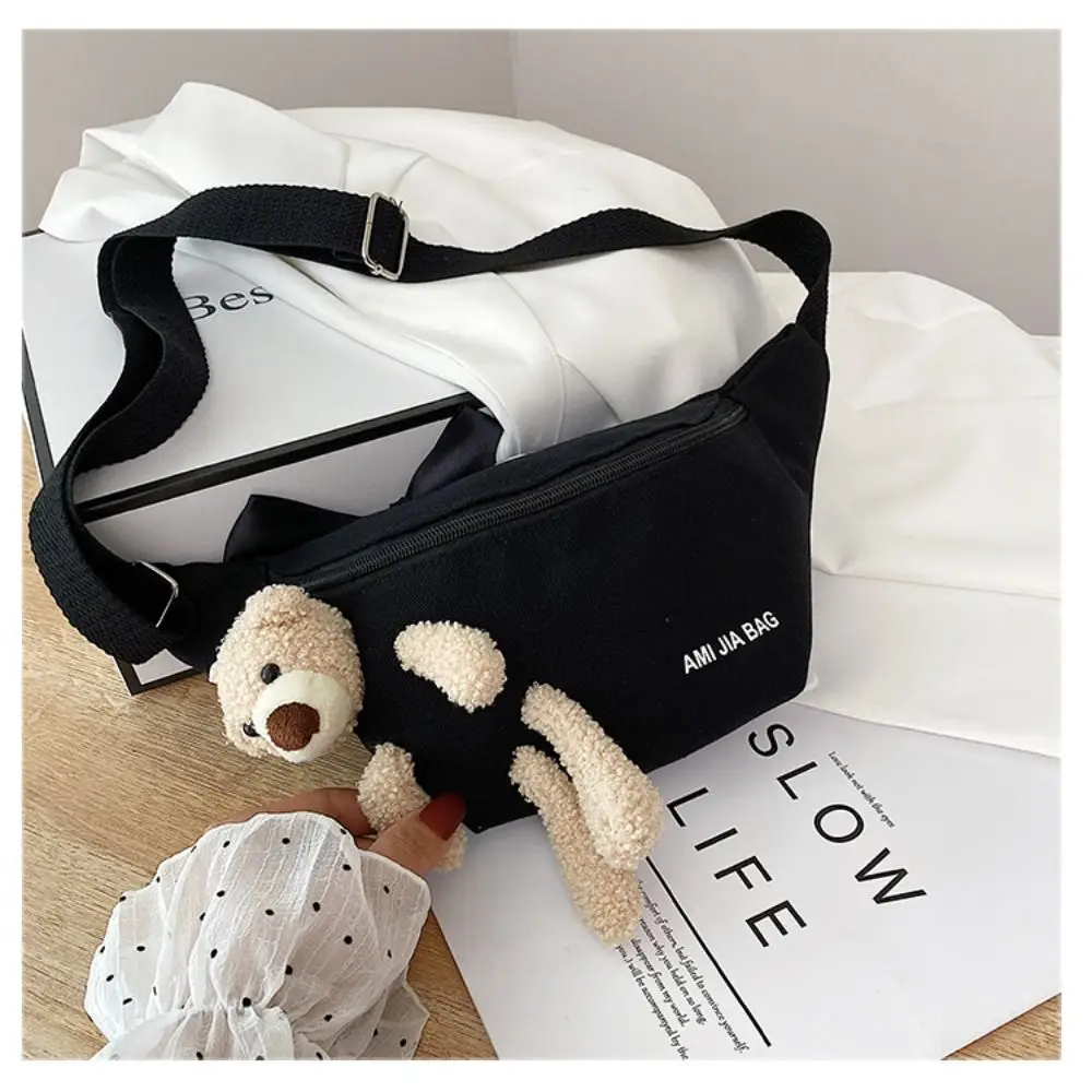 New Women's Cute Bear Waist Bag Canvas Belt Bags Designer Crossbody Chest Bag Female Solid Fanny Pack Banana Hip Purse