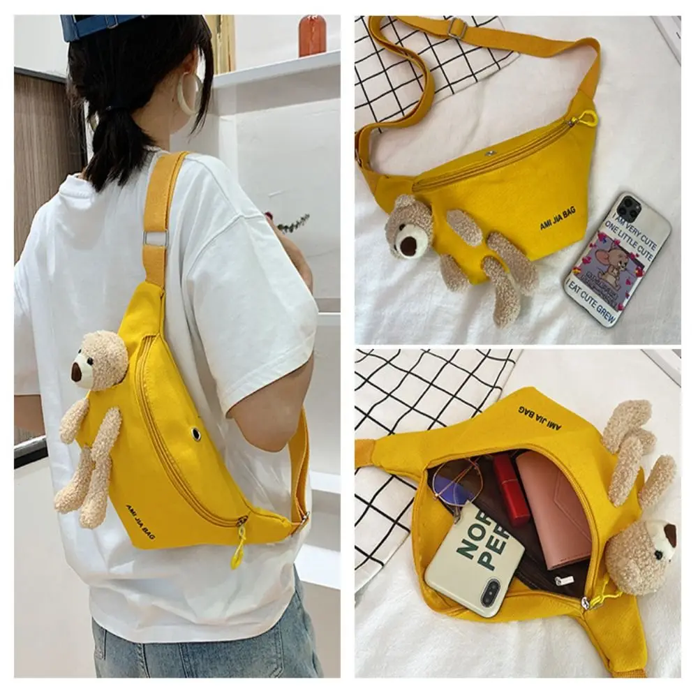 New Women's Cute Bear Waist Bag Canvas Belt Bags Designer Crossbody Chest Bag Female Solid Fanny Pack Banana Hip Purse