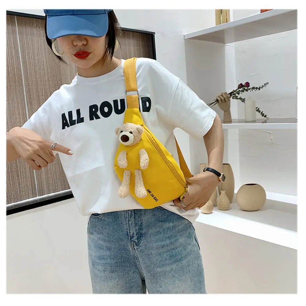 New Women's Cute Bear Waist Bag Canvas Belt Bags Designer Crossbody Chest Bag Female Solid Fanny Pack Banana Hip Purse