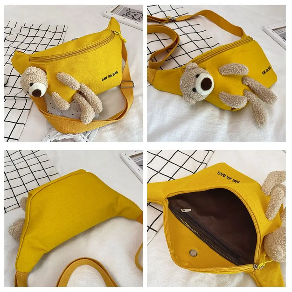 New Women's Cute Bear Waist Bag Canvas Belt Bags Designer Crossbody Chest Bag Female Solid Fanny Pack Banana Hip Purse