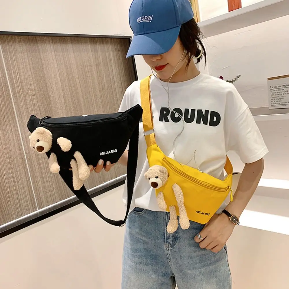 New Women's Cute Bear Waist Bag Canvas Belt Bags Designer Crossbody Chest Bag Female Solid Fanny Pack Banana Hip Purse