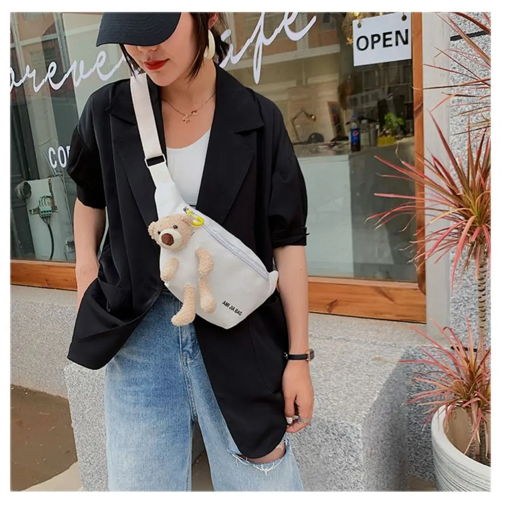 New Women's Cute Bear Waist Bag Canvas Belt Bags Designer Crossbody Chest Bag Female Solid Fanny Pack Banana Hip Purse