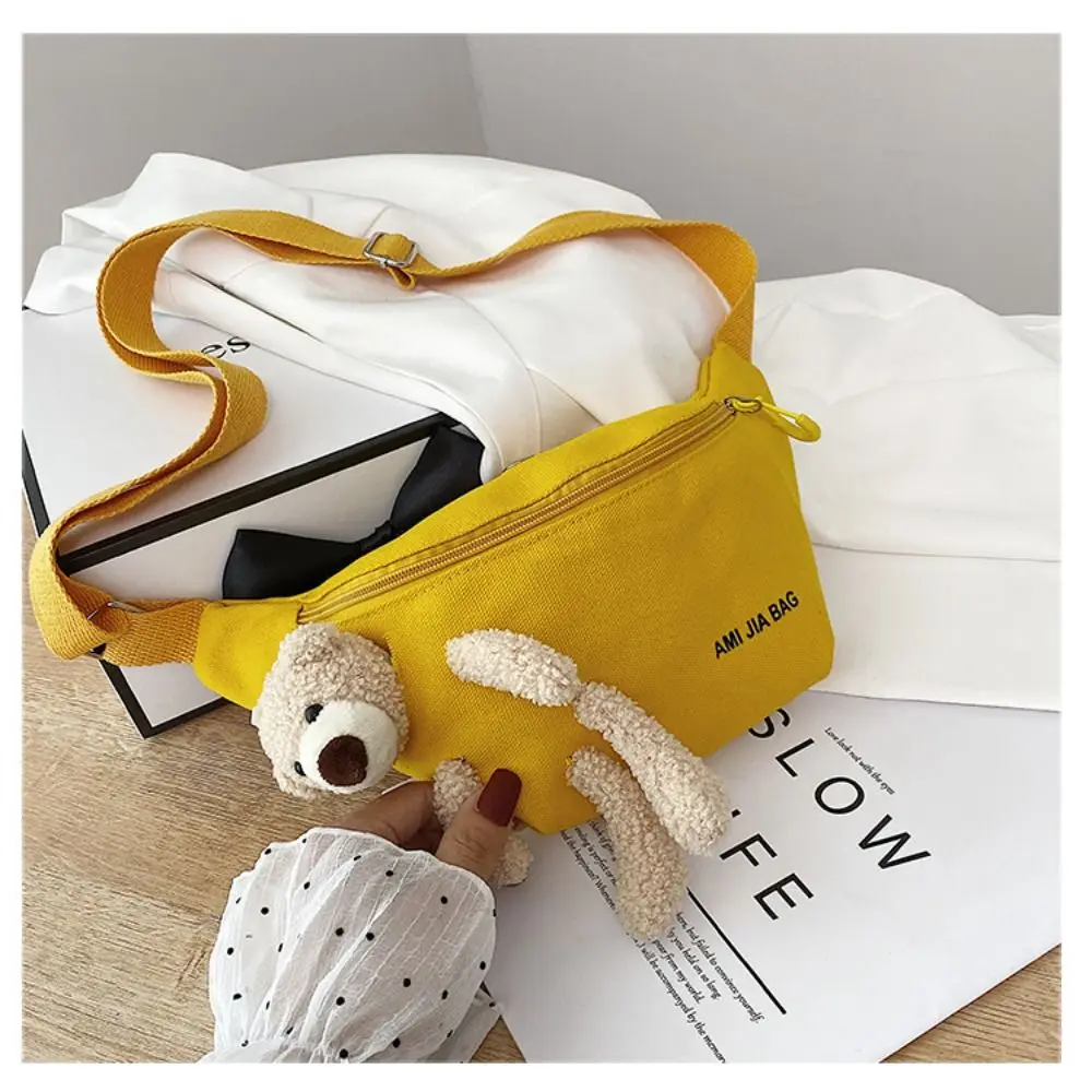New Women's Cute Bear Waist Bag Canvas Belt Bags Designer Crossbody Chest Bag Female Solid Fanny Pack Banana Hip Purse