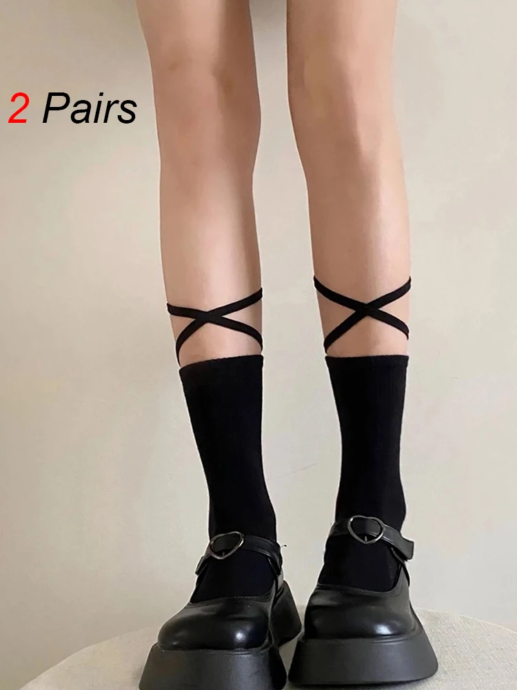 2 Pairs Jk Mid Tube Women Lace Up Socks Fashionable Versatile Black White Solid Color Cross Straps Comfortable Breathable Socks