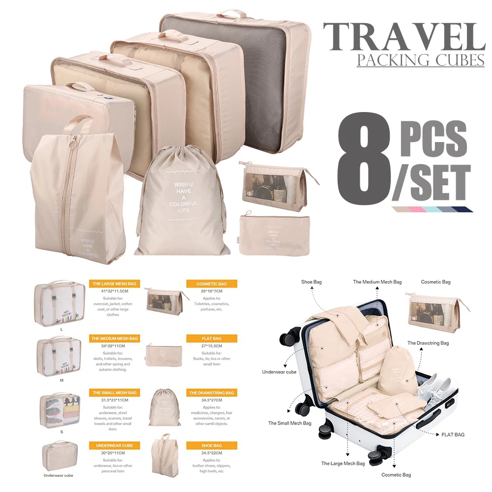 8/6pcs Set Travel Storage Bag Large Capacity Luggage Clothes Sorting Organizer Suitcase Pouch Case Essentials Shoes Packing Cube