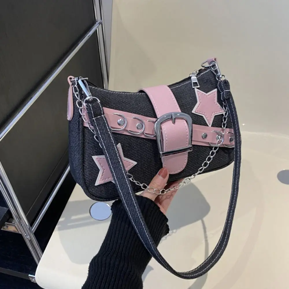 Y2k Fashion Women's Handbags Stars Pattern Cool Girls Underarm Bag Fashion Female Small Shoulder Bags Chain Tote Purses