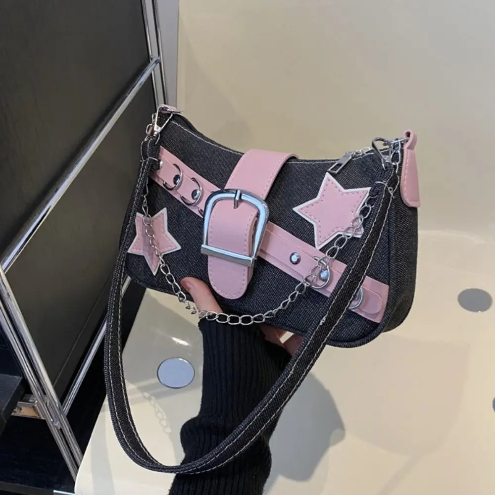 Y2k Fashion Women's Handbags Stars Pattern Cool Girls Underarm Bag Fashion Female Small Shoulder Bags Chain Tote Purses