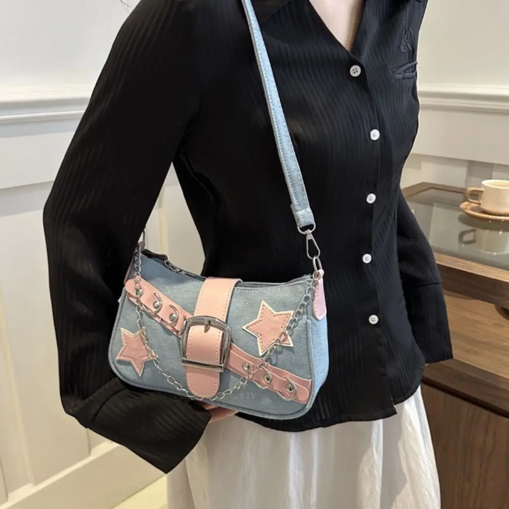 Y2k Fashion Women's Handbags Stars Pattern Cool Girls Underarm Bag Fashion Female Small Shoulder Bags Chain Tote Purses