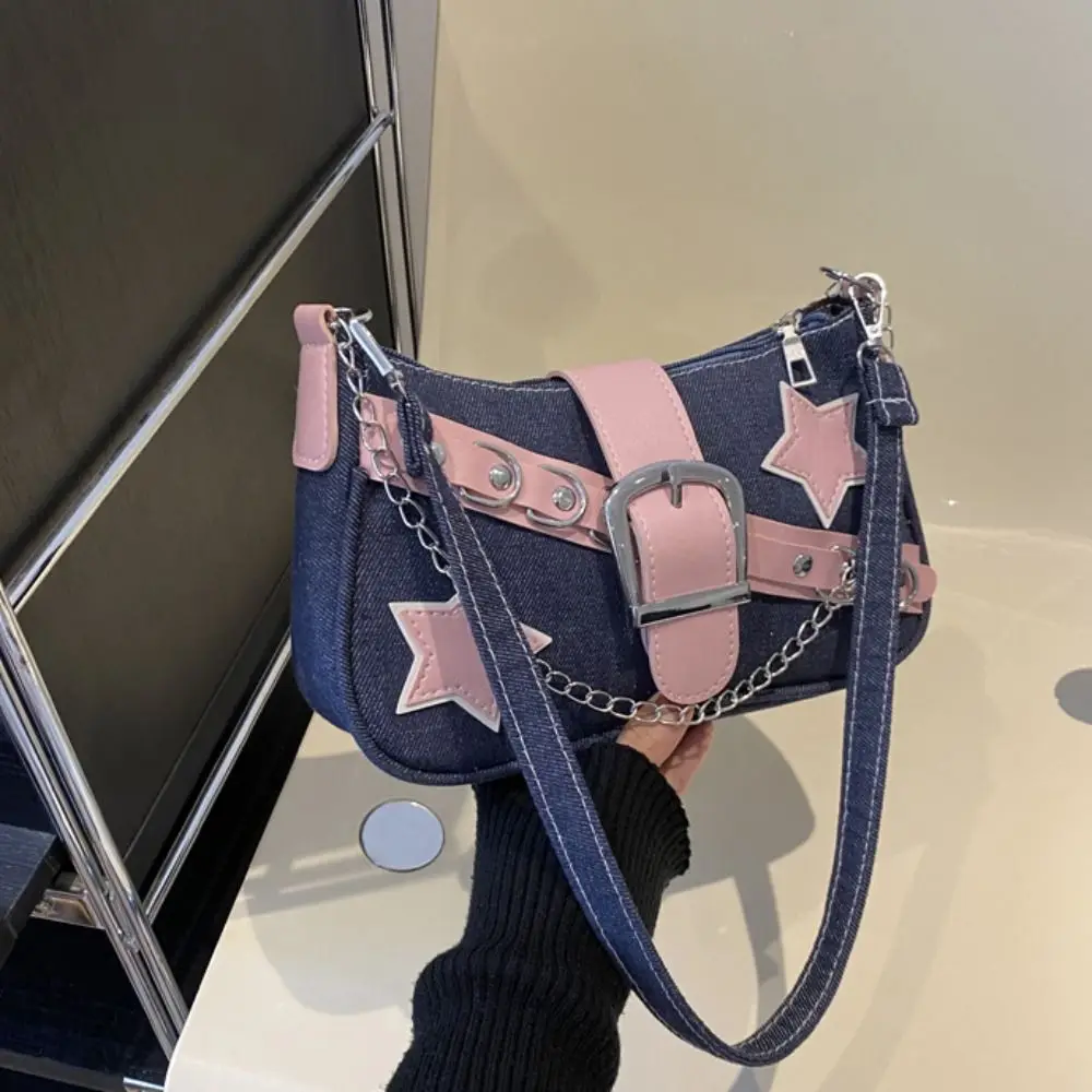 Y2k Fashion Women's Handbags Stars Pattern Cool Girls Underarm Bag Fashion Female Small Shoulder Bags Chain Tote Purses