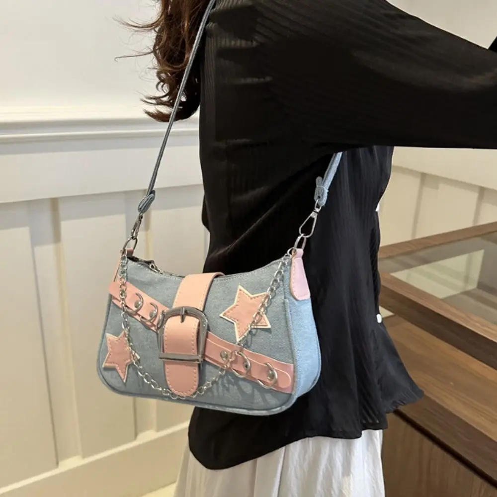 Y2k Fashion Women's Handbags Stars Pattern Cool Girls Underarm Bag Fashion Female Small Shoulder Bags Chain Tote Purses