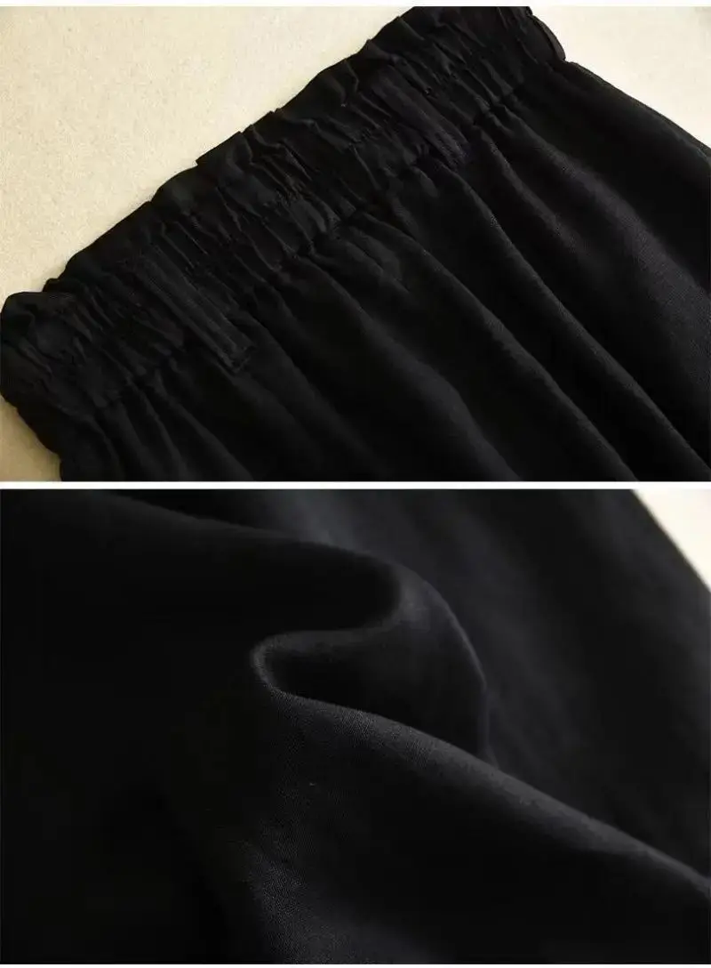 Linen Solid Casual Basic Elastic High Waist Wide Leg Loose Women's Pants Ankle-Length Pants For Women Clothing Fashion 2024