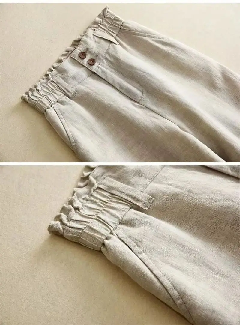 Linen Solid Casual Basic Elastic High Waist Wide Leg Loose Women's Pants Ankle-Length Pants For Women Clothing Fashion 2024