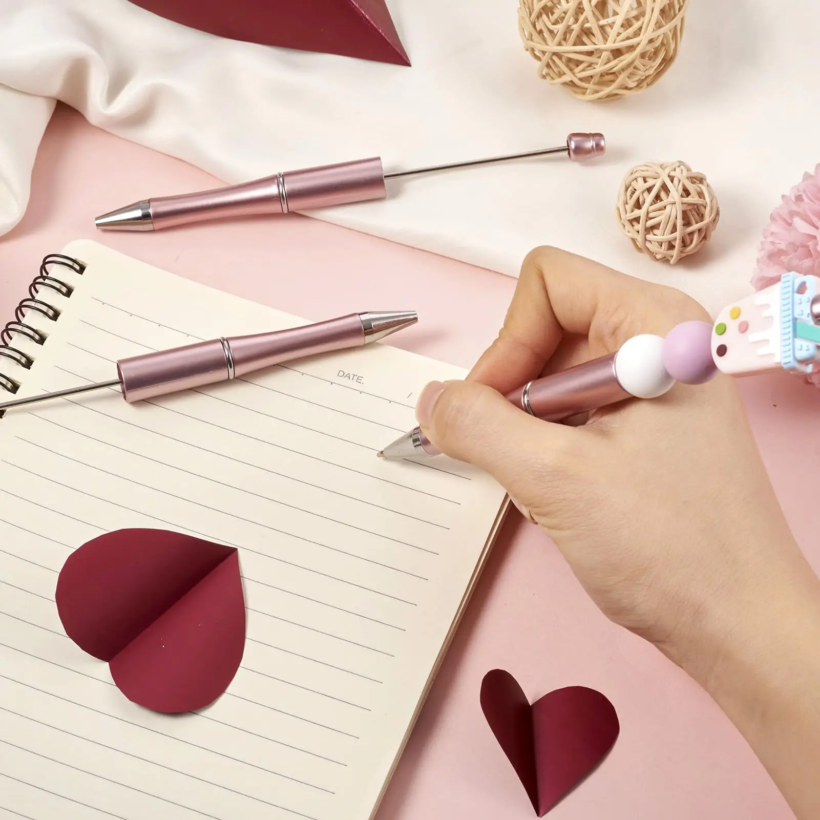 10Pcs Pink Beaded Students Plastic Beadable Writing Supplies Bead Pen Ballpoint Pens